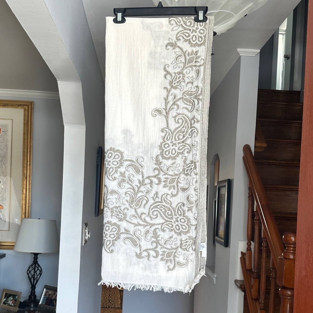 Bohemian Style Oversized Cream Scarf / Wrap with Olive Green Paisley Pattern
